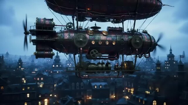 Steampunk Airship Flying Over Victorian Cityscape at Dusk.