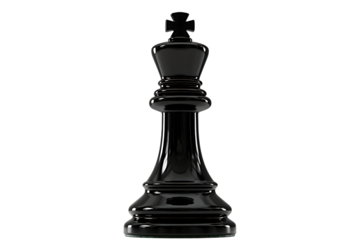 A glossy black king chess piece isolated against a dark completely black background.