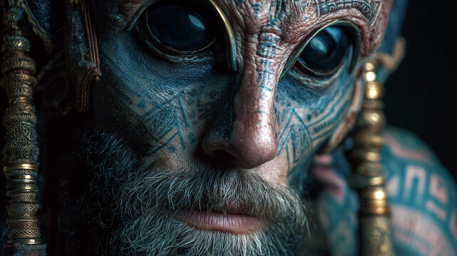Cinematic sci-fi fantasy portrait of a cyborg hybrid man with large black alien eyes and ritual tattoos, blending sacred holy style with futuristic exobiology