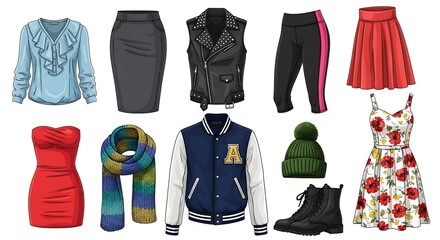 Diverse clothing collection showcases vibrant styles on a clean white backdrop.