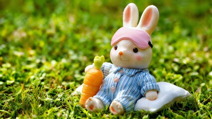 Sleepy Bunny in Striped Pajamas: Grass Field with Carrot Plush Toy