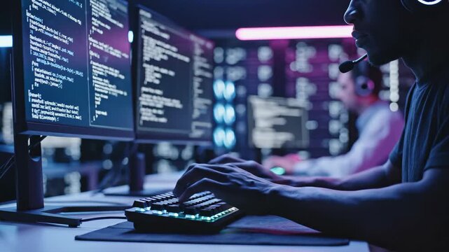 Programmer working on computer code on a dark room with multiple screens displaying code, technological advancement