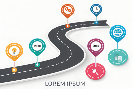 A winding road infographic timeline with colorful pin markers and icons. A vector template for business strategy, project roadmap, and process milestones.
 Generative Ai.