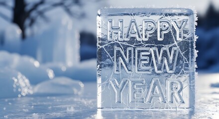 Happy new year message carved into an ice block on a snowy surface in a wintery outdoor scene