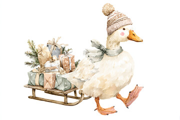 Adorable white goose in a knitted hat and scarf pulling a wooden sleigh loaded with Christmas gifts, soft watercolor illustration of festive winter animal delivery