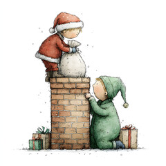 Two cute little boys dressed as Santa and elf placing a gift sack on a brick chimney, whimsical watercolor illustration of Christmas teamwork and holiday tradition
