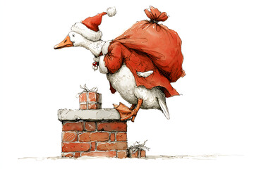 Funny Christmas goose dressed as Santa Claus delivering gifts on a brick chimney, whimsical watercolor illustration of an animal character and holiday humor