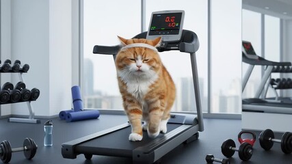 Plump orange cat lounging comfortably on stationary treadmill, surrounded by fitness equipment with urban cityscape visible through large windows of modern gym.