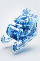 Clear blue ice sculpture of Santa Claus in a sleigh, cold winter style 3D digital render of a stylized holiday figure on an isolated bright background
