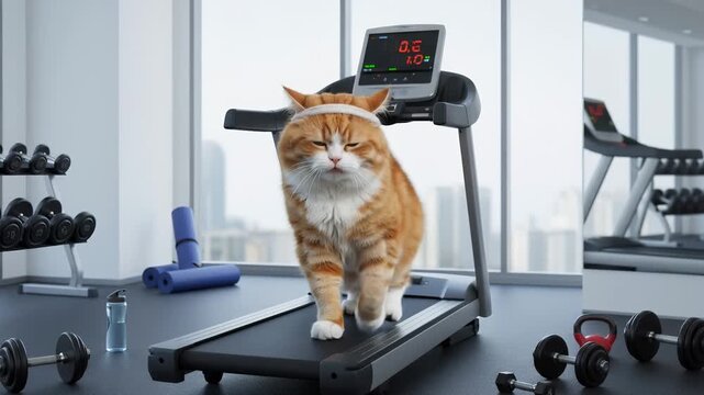 Plump orange cat lounging comfortably on stationary treadmill, surrounded by fitness equipment with urban cityscape visible through large windows of modern gym.