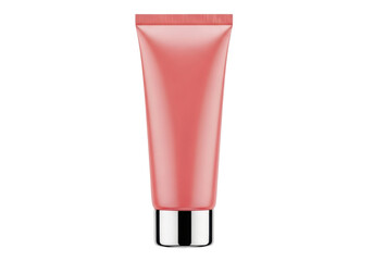 Pink cosmetic tube isolated PNG, blank container for cream or lotion on transparent background, beauty product packaging mockup