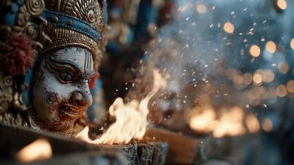 Stunning display of traditional fire worship in vibrant festival with beautiful statues at night