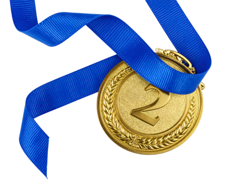 Close-up of a gold medal with the number 2 on it, draped in a blue ribbon