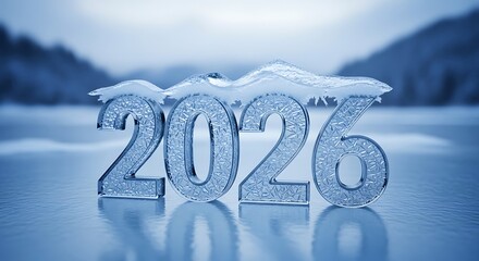 Icy year two thousand twenty six on a frozen landscape with mountains in the background in blue tones