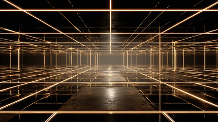 A futuristic geometric grid perspective that creates a sense of depth and structure
