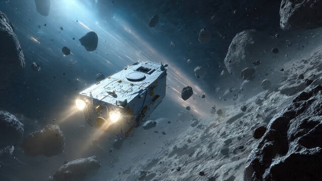 A spacecraft navigates through a field of asteroids in a dramatic cosmic setting, showcasing the vastness and mystery of space exploration.