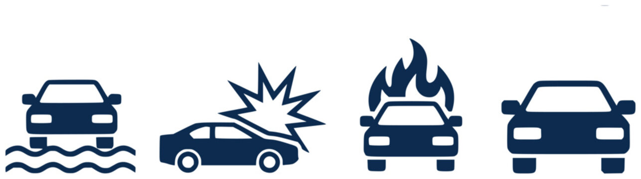 Car accident icons flood, crash, fire, and normal car