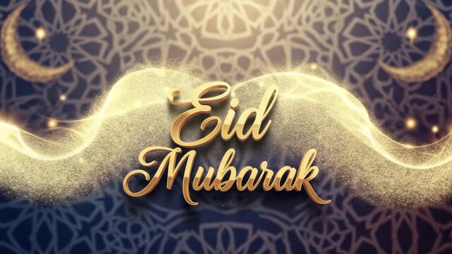 Golden eid mubarak text with crescent moons and islamic geometric patterns on a dark background - Powered by Adobe