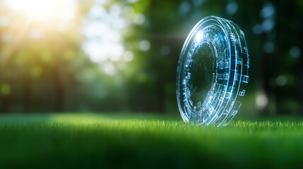 A futuristic digital interface glowing on grass, blending innovation with nature in a captivating visual experience.