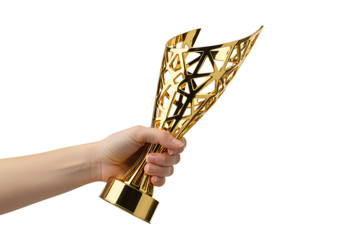 A golden trophy held aloft by a hand against a dark background.