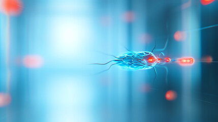 A futuristic digital representation of microbiology, showcasing a glowing microorganism in an abstract environment.