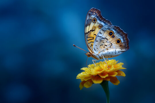 a butterfly sitting on a yellow flower with a blue background