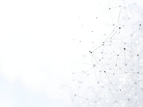 Photorealistic white backdrop featuring ultra-realistic network with pulsating connection dots and dynamic geometric plexus lines creating sophisticated abstract mesh structures
