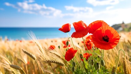 Close-up of vibrant red poppy flowers and golden wheat stalks in a field, with a clear blue sky and the ocean visible in the background on a sunny summer day.