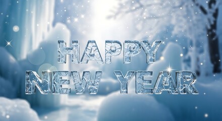 Happy new year ice text effect on a snowy background with bokeh and sparkles in a winter scene