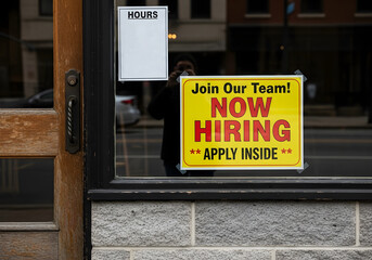 "Now Hiring" sign on storefront window, advertising employment opportunities, recruitment, and business expansion, located in an urban environment with a wooden door