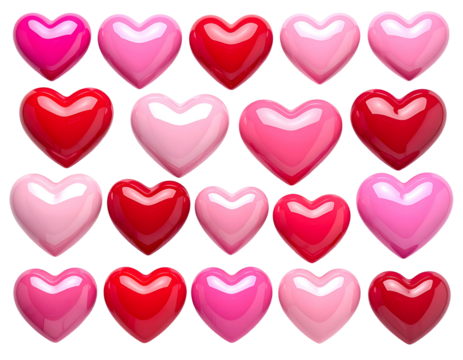 Grid of vibrant, glossy hearts in varying shades of pink and red against black - Powered by Adobe