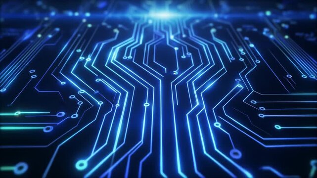 Abstract blue glowing digital circuit board lines and nodes representing technology and data flow in a futuristic network - Powered by Adobe