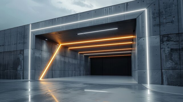 Concrete Structure with Neon Lighting, Low Angle View, Modern Architecture, Abstract Design, Industrial Building