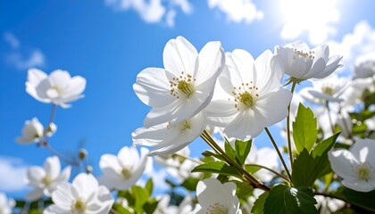 Close-up of delicate white flowers with yellow centers blooming against a bright blue sky and sun flare on a sunny day.
