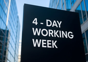 Obraz premium Four Day Work Week Sign in Urban Office District Modern workplace concept promoting work life balance near glass buildings under blue sky, emphasizing reduced work hours