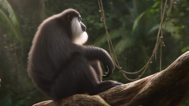 Majestic primate contemplating life from a jungle perch, its serene gaze hinting at the wild's untamed spirit and the captivating beauty of nature's hidden wonders.