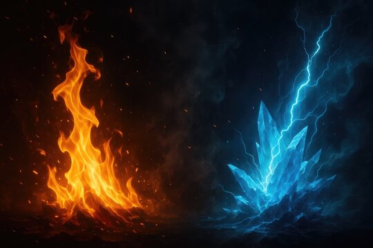 Orange fire erupting next to glowing blue ice crystals with lightning flames
