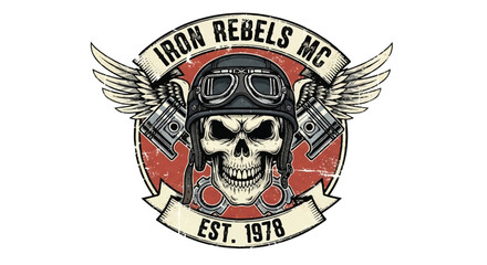Grunge style motorcycle club emblem vector illustration featuring aggressive iconography like wings and skulls, presented flat and isolated on a clean white background.