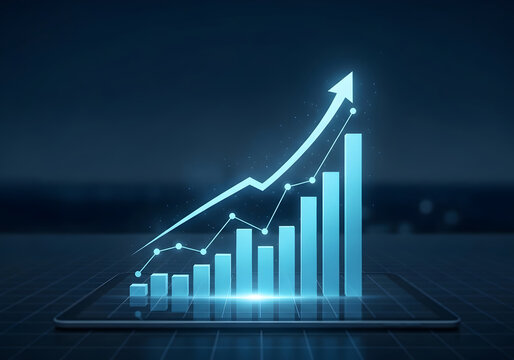 Rising financial chart, blue color scheme, showing increasing trend Bars and line graph on tablet displaying business growth and market success in a digital environment