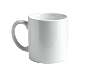 Plain white ceramic mug with curved handle on black background
