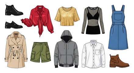 Naklejka premium Trendy Fashion Apparel Isolated on White Background: Stylish Clothes Collection