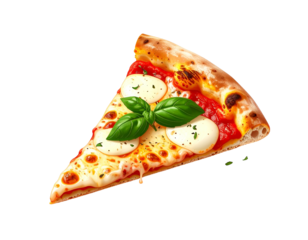 Realistic pizza slice with melted cheese, tomato sauce, basil, and a crispy crust