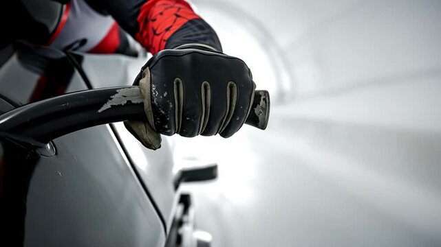 Close-Up of a Gloved Hand Steering a Bobsled in a High-Speed Race Down an Icy Track, Highlighting the Action and Thrill of Winter Sports Competition