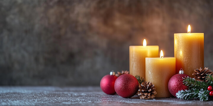Three Christmas candles and red xmas decorations. Merry Christmas festive greeting card, background. Noel. Winter holiday celebration theme. Happy New Year. Advent.