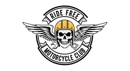 A classic biker emblem badge vector illustration in a flat 2D style features traditional motorcycle club iconography representing freedom and rebellion, isolated on a clean white background.