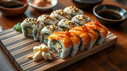 Fresh Japanese salmon sushi rolls, a gourmet seafood meal or appetizer on a white plate.