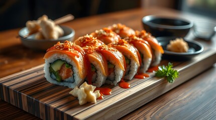 Fresh Japanese salmon sushi rolls, a gourmet seafood meal or appetizer on a white plate.