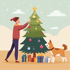 Fototapeta premium A young man and his pet dog get into the festive spirit, decorating a beautiful Christmas tree together with colorful ornaments