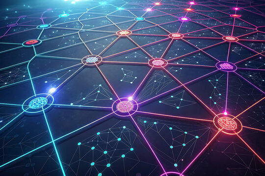 Abstract technology background with glowing circles and stars, geometric blue pattern vector illustration for network connection and digital communication concept