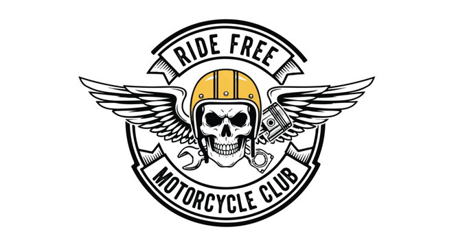 A classic biker emblem badge vector illustration in a flat 2D style features traditional motorcycle club iconography representing freedom and rebellion, isolated on a clean white background.